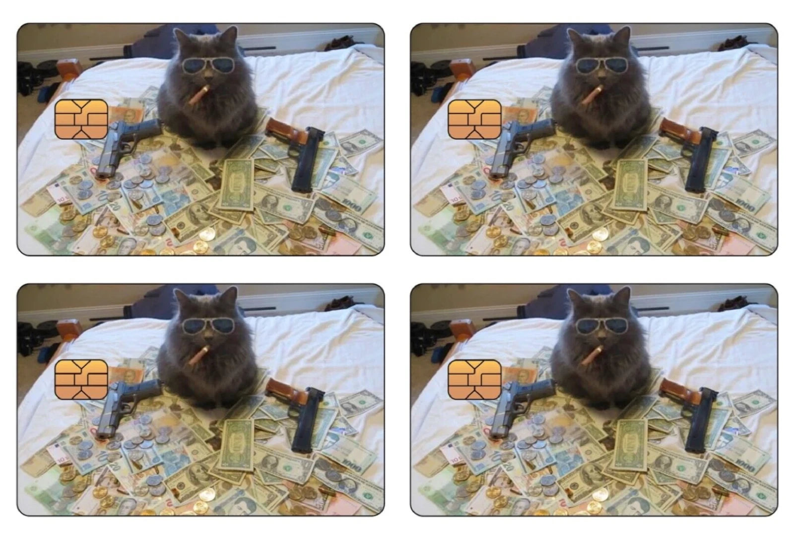 Funny Cat Meme  Gangster with Money & Guns Credit Card Skin (4-Pack) | Made in USA Print on Demand