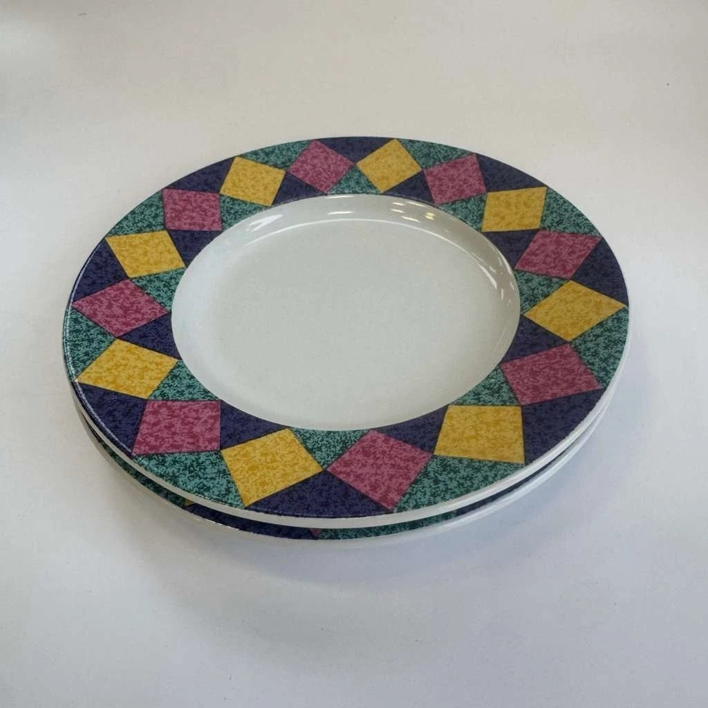 Ceramic Dinner Plates Geometric Mosaic Border Pink Yellow Teal 90s Retr Sticker (2-Pack) | Made in USA Print on Demand