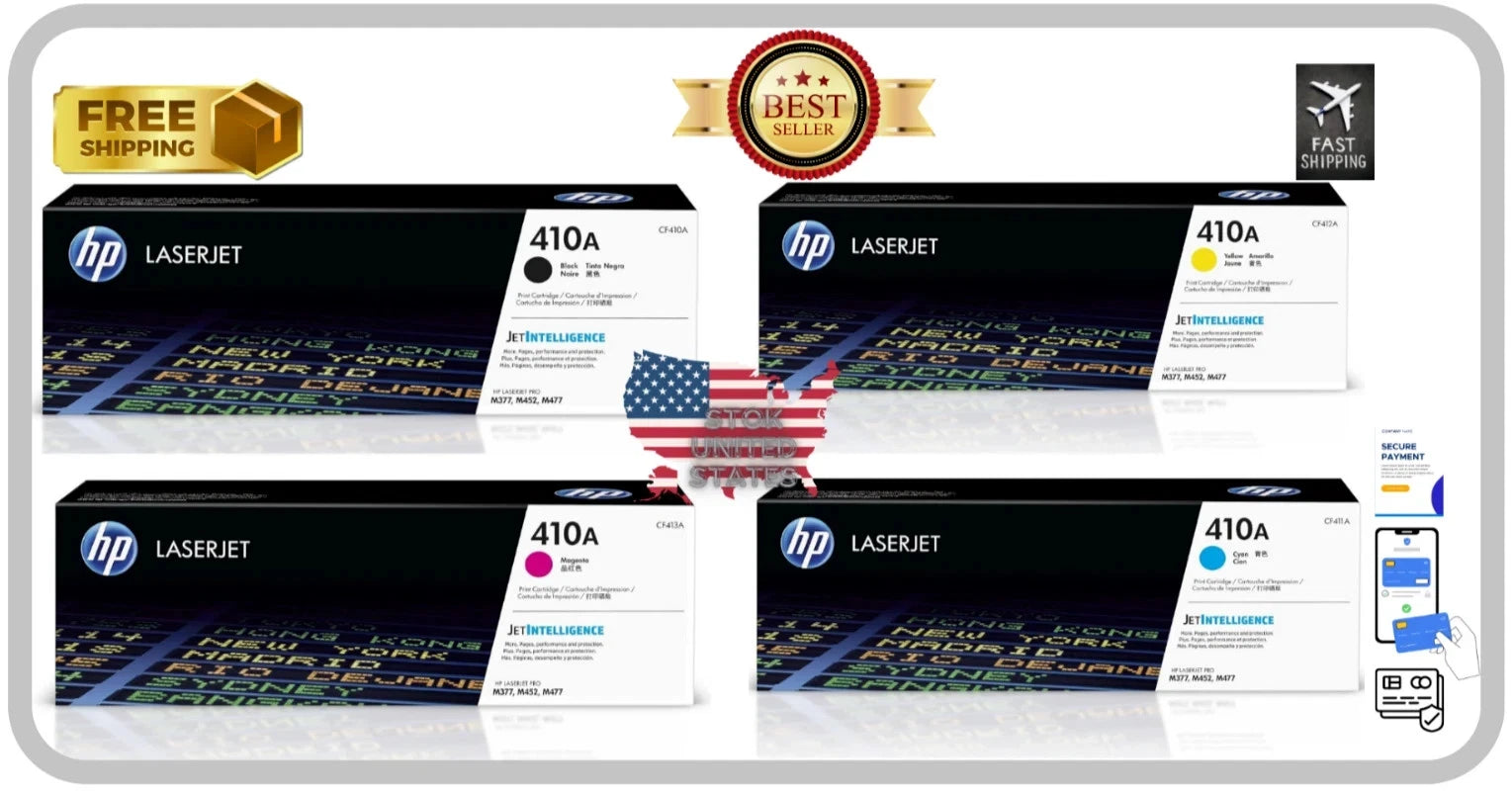 HP 410A Toner Set  CF410A CF411A CF412A CF413A M452 M477 New Sticker (4-Pack) | Made in USA Print on Demand