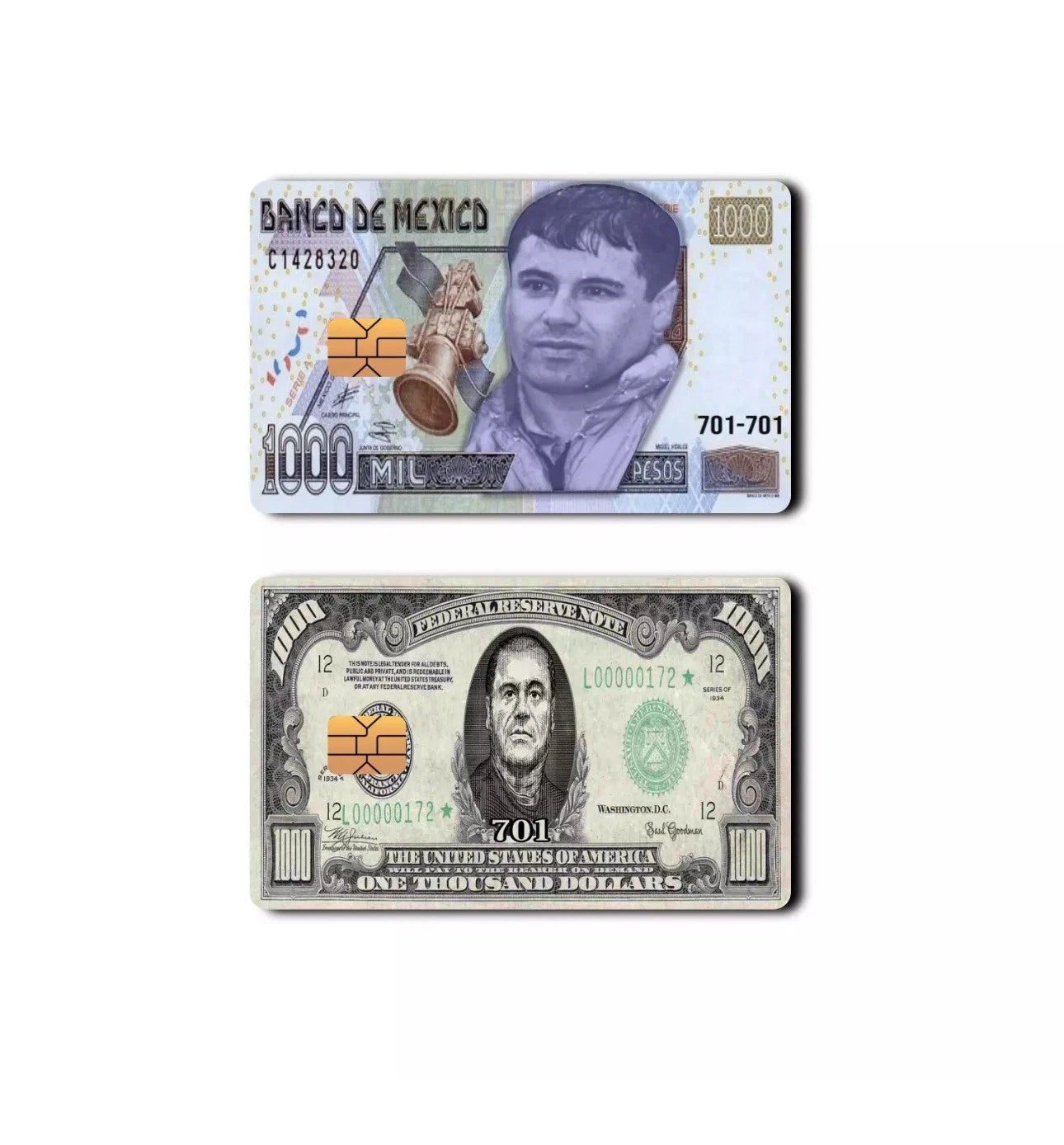 El Chapo 1000 Pesos Banknote Narco Culture Tribute Credit Card Skin (2-Pack) | Made in USA Print on Demand