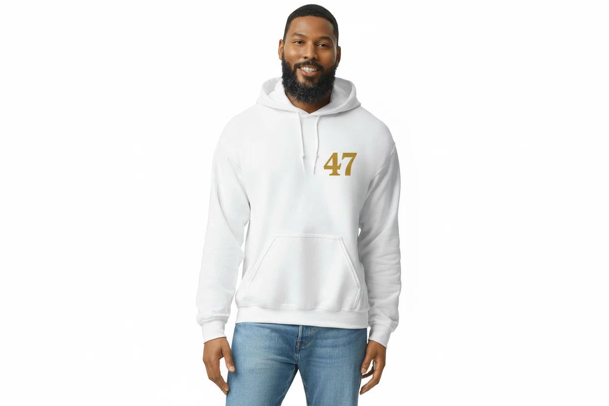 Gildan White '47' Gold Print Hoodie Trump 47th MAGA Conservative Apparel S 2XL Sticker | Made in USA Print on Demand