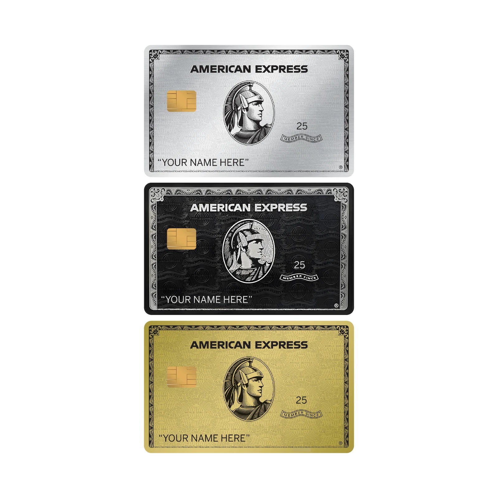 Custom AMEX  Gold, Platinum, Black Personalized Name L Chip Credit Card Skin (3-Pack) | Made in USA Print on Demand