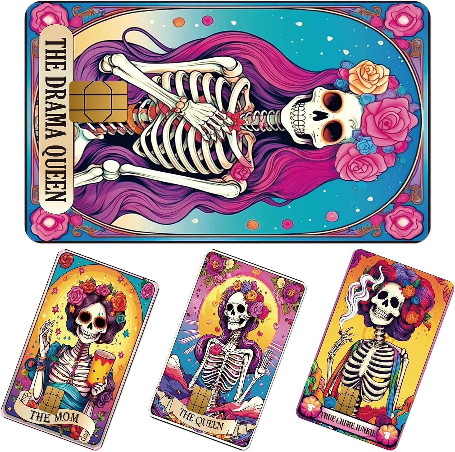 Floral Skull Tarot Card Chip Cutout Only Credit Card Skin (4-Pack) | Made in USA Print on Demand