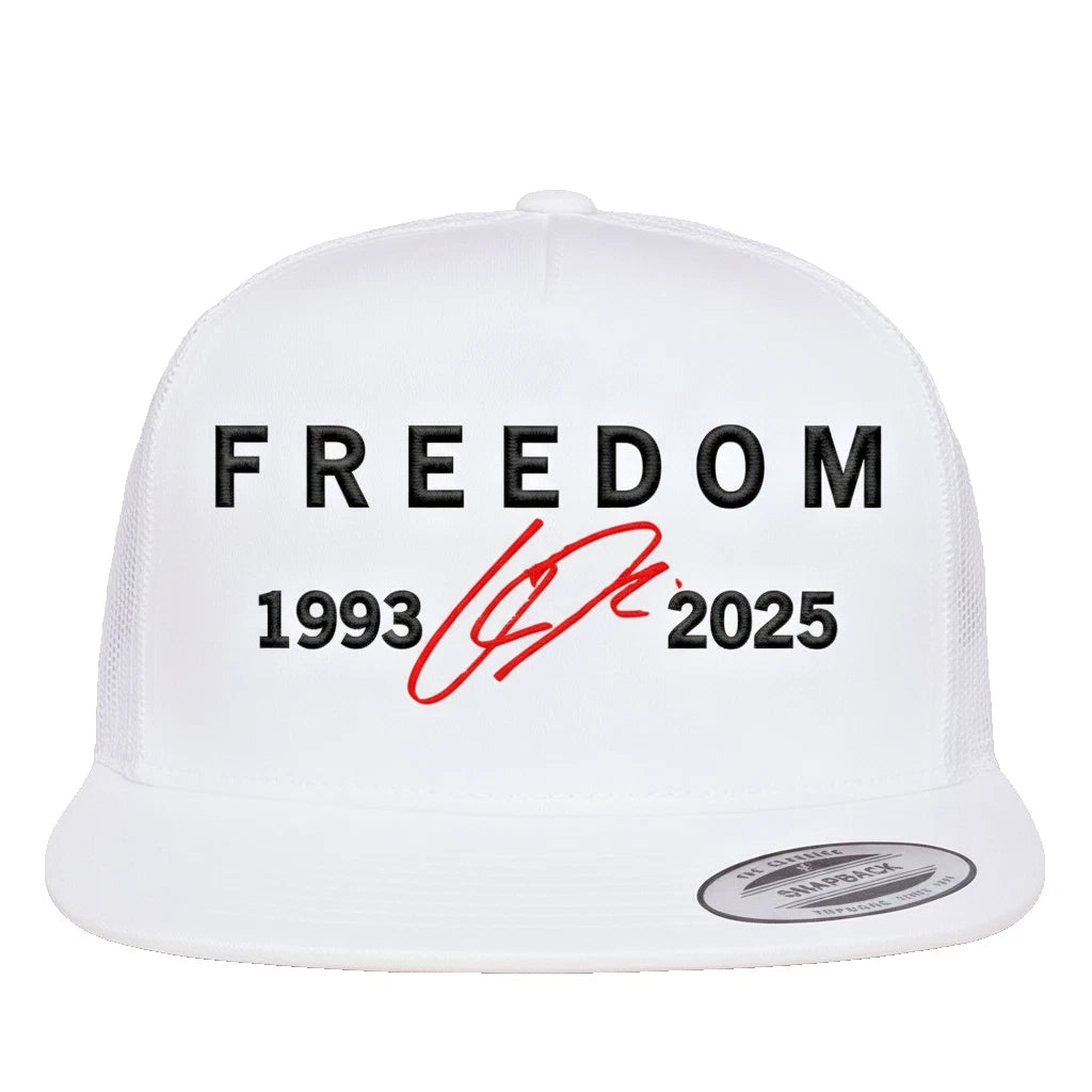 Charlie Kirk "Freedom" White Trucker Hat 1993 2025 Printed Memorial Cap Sticker | Made in USA Print on Demand