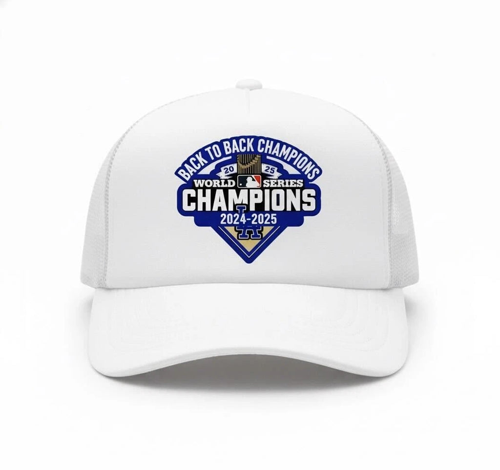 Dodgers Dynasty 2024 2025 Back to Back World Series White Trucker Cap Snapback M Sticker | Made in USA Print on Demand