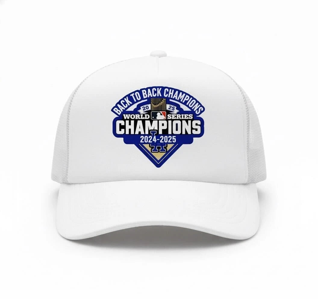 Dodgers Dynasty 2024 2025 Back to Back World Series White Trucker Cap Snapback M Sticker | Made in USA Print on Demand