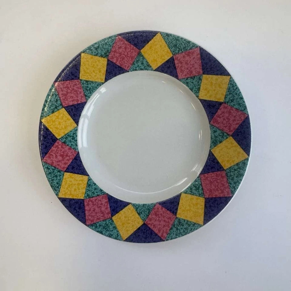 Ceramic Dinner Plates Geometric Mosaic Border Pink Yellow Teal 90s Retr Sticker (2-Pack) | Made in USA Print on Demand