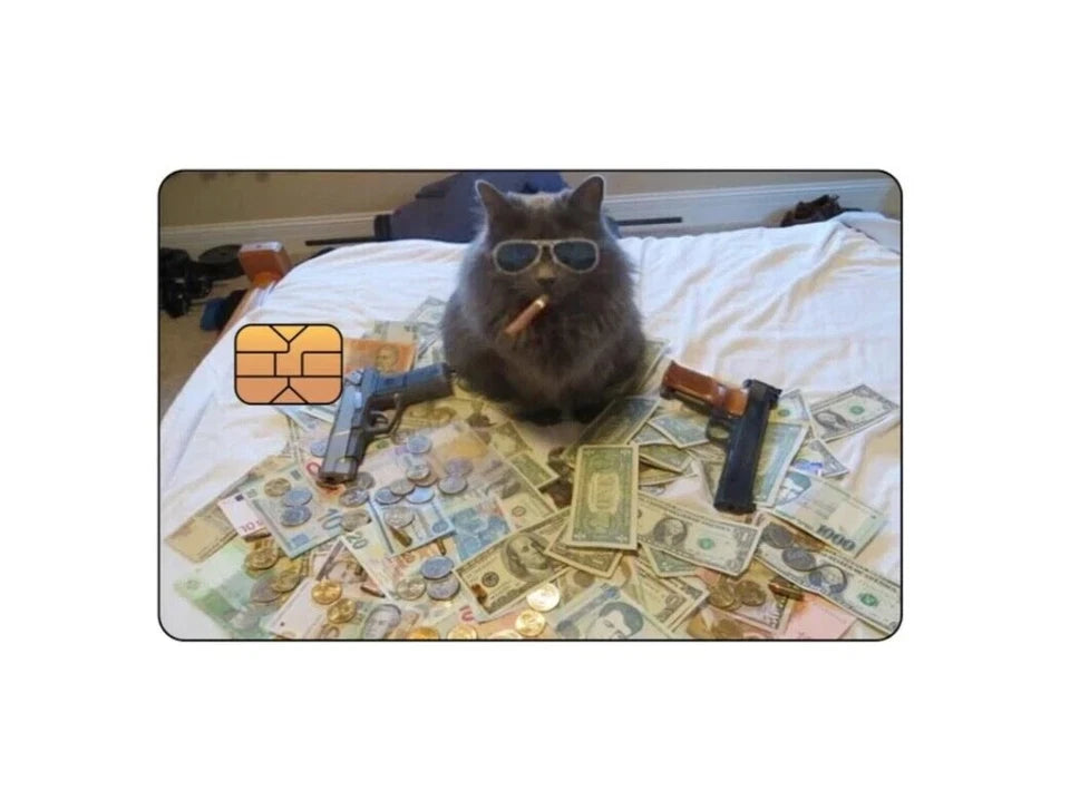 Funny Cat Meme  Gangster with Money & Guns Credit Card Skin (4-Pack) | Made in USA Print on Demand