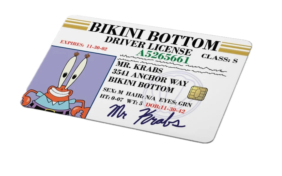 Bikini Bottom Driver License Funny Cartoon Credit Card Skin (4-Pack) | Made in USA Print on Demand