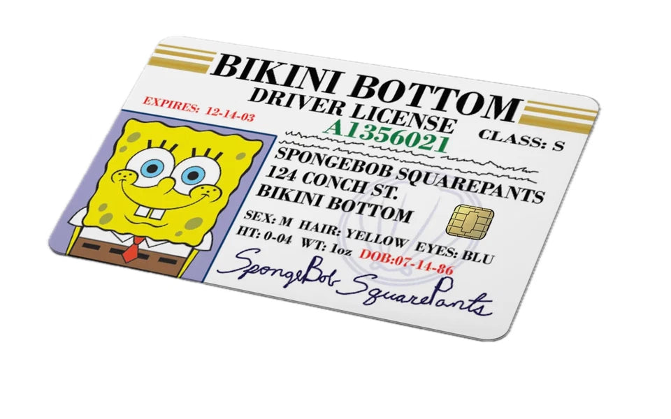 Bikini Bottom Driver License Funny Cartoon Credit Card Skin (4-Pack) | Made in USA Print on Demand