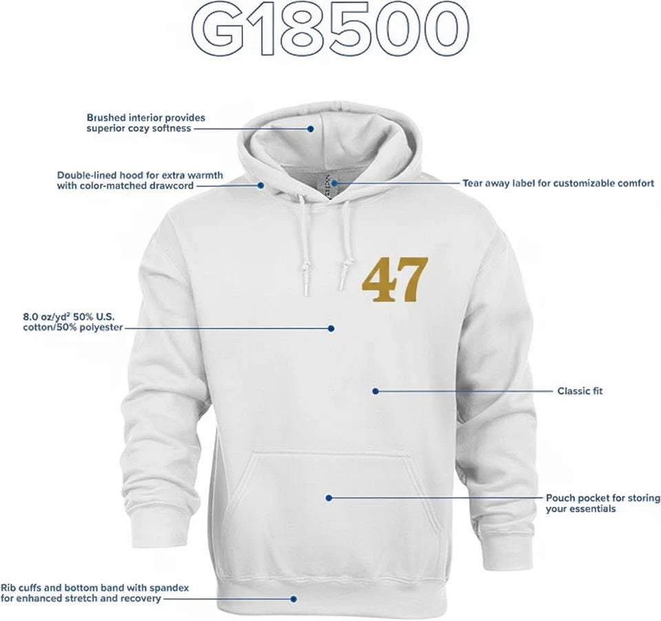 Gildan White '47' Gold Print Hoodie Trump 47th MAGA Conservative Apparel S 2XL Sticker | Made in USA Print on Demand