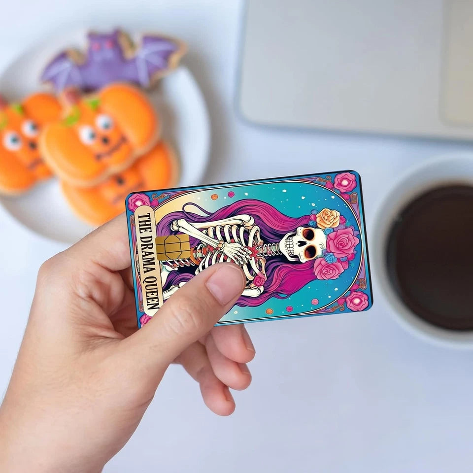 Floral Skull Tarot Card Chip Cutout Only Credit Card Skin (4-Pack) | Made in USA Print on Demand