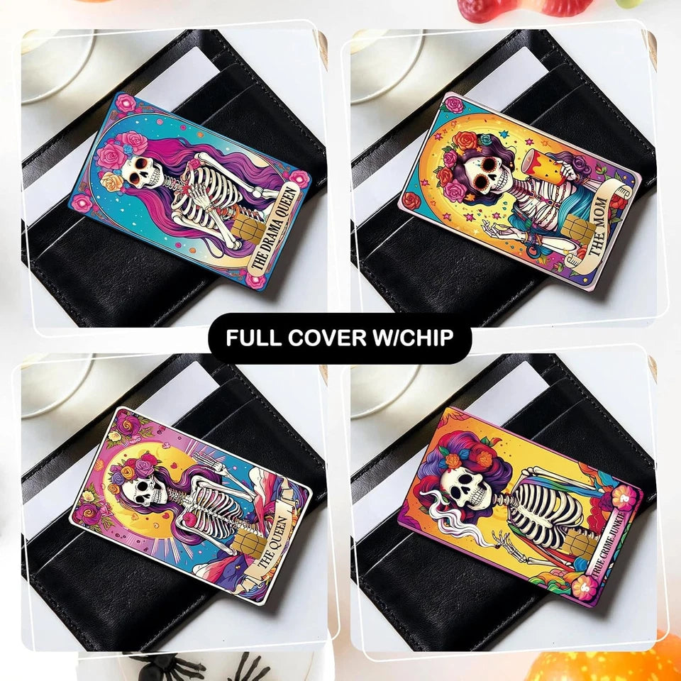 Floral Skull Tarot Card Chip Cutout Only Credit Card Skin (4-Pack) | Made in USA Print on Demand