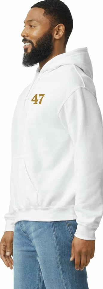 Gildan White '47' Gold Print Hoodie Trump 47th MAGA Conservative Apparel S 2XL Sticker | Made in USA Print on Demand