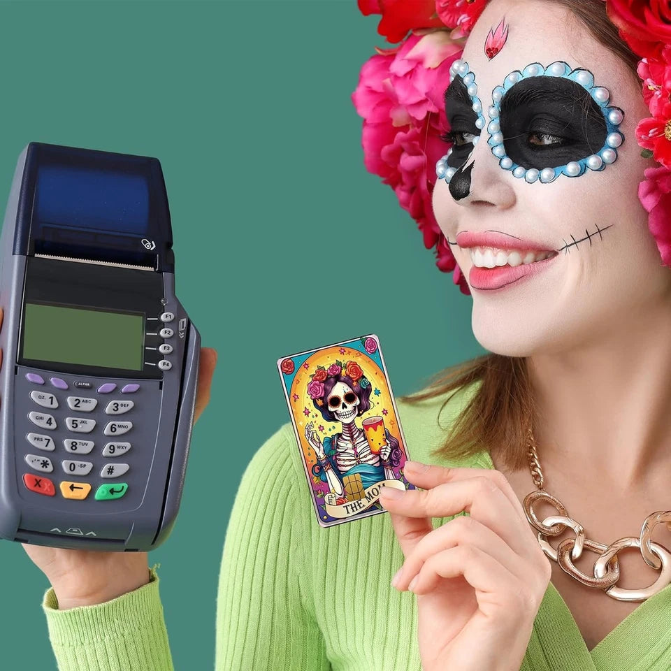 Floral Skull Tarot Card Chip Cutout Only Credit Card Skin (4-Pack) | Made in USA Print on Demand