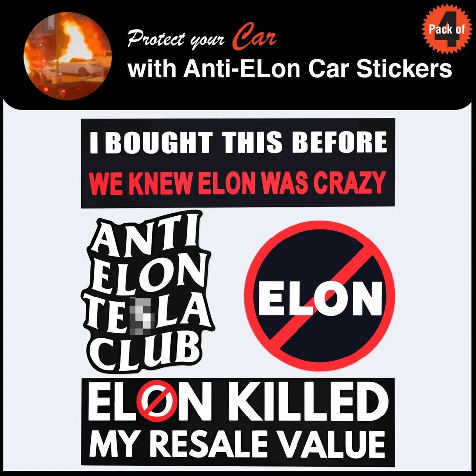 Car Tesla Bumper Anti Elon Musk Club Decal (4-Pack) | Made in USA Print on Demand
